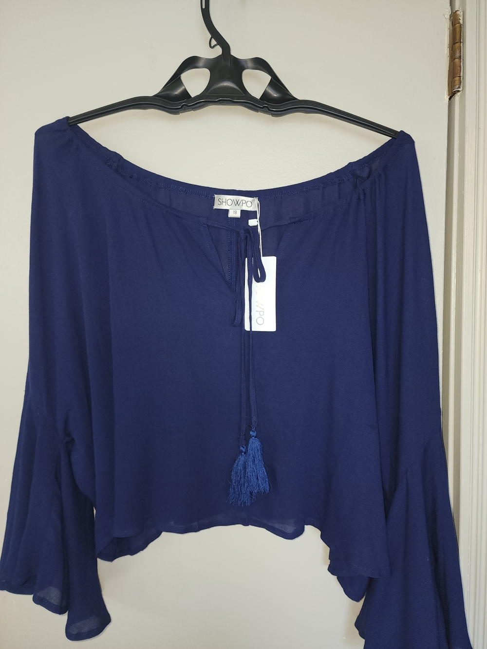 Showpo. Navy Off-Shoulder Tassel Tie Top